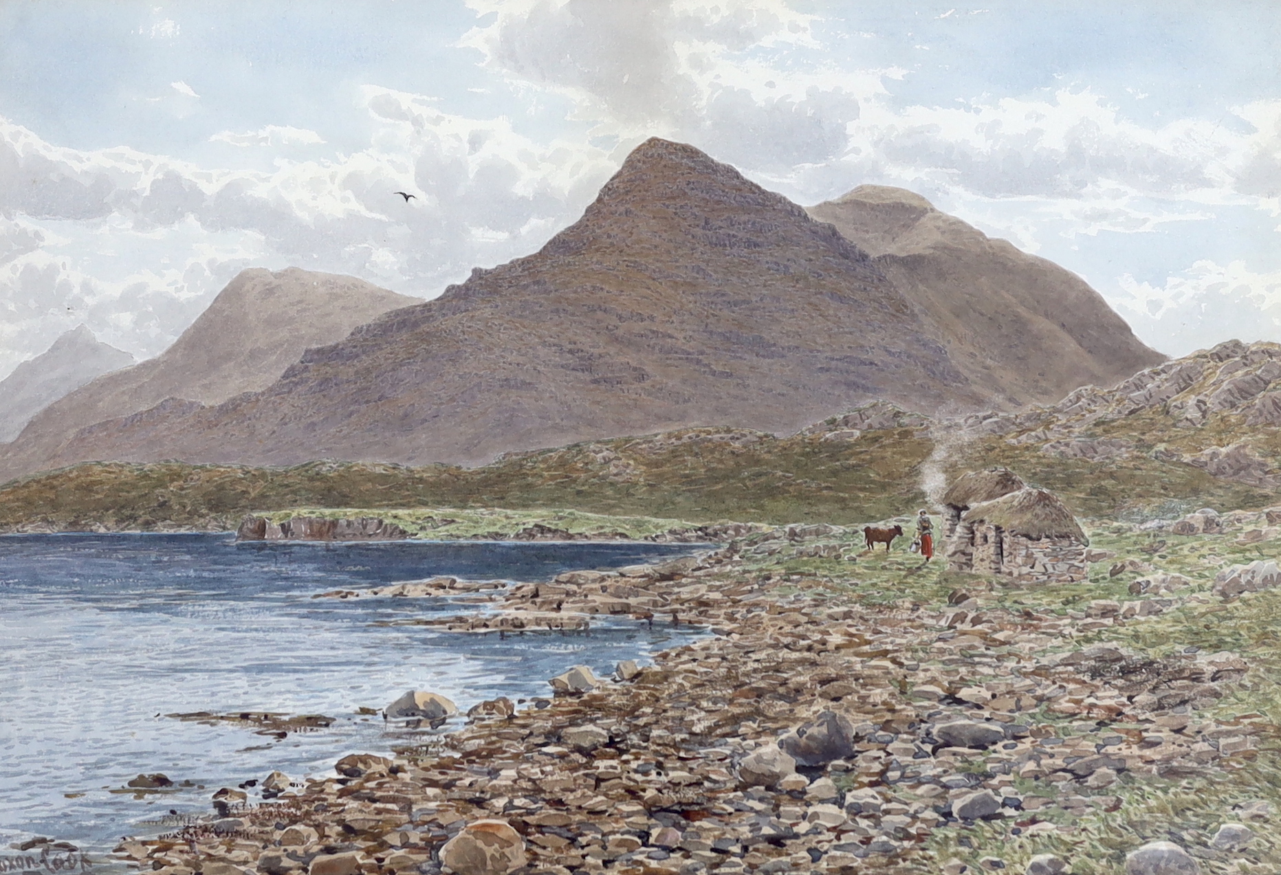 Herbert Moxon Cook (1844-1928), watercolour, Mountainous lakeside landscape with cottages, signed, 34 x 50cm